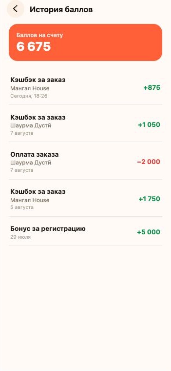 История баллов: начисления и списания по заказам